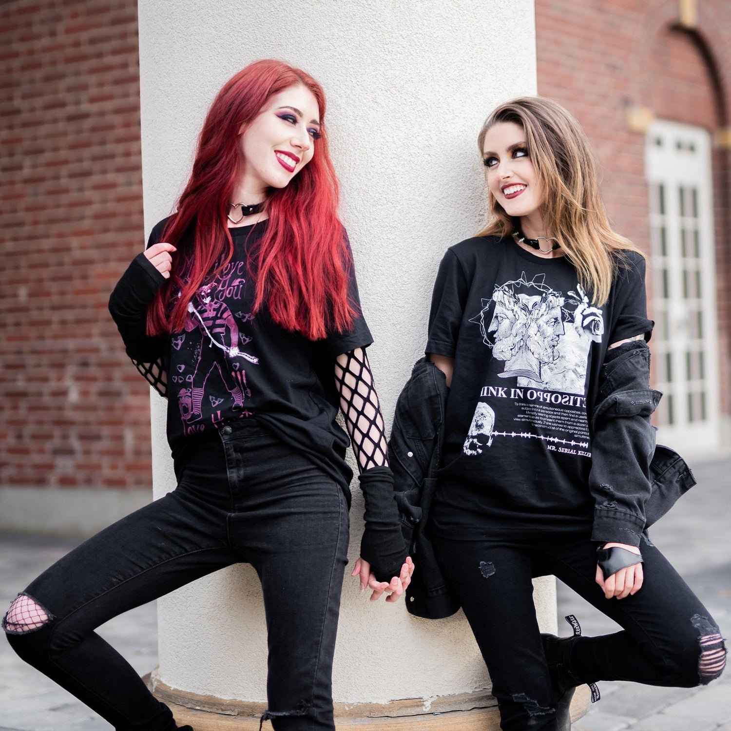 Two models wearing stylish gothic t-shirts from Mr. Serial Killer Shop's full collection