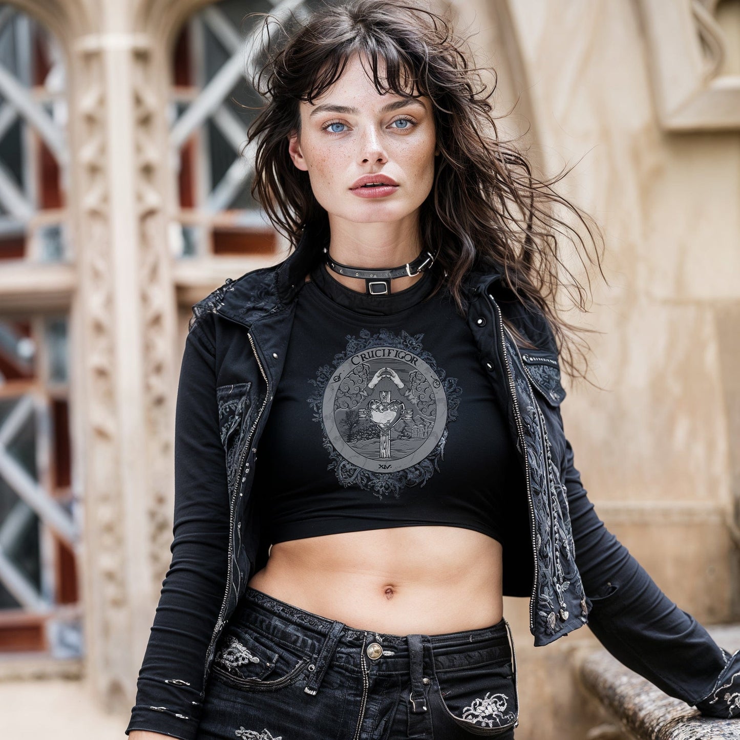 Model wearing Illuminor Crop Top in a gothic setting from Mr. Serial Killer
