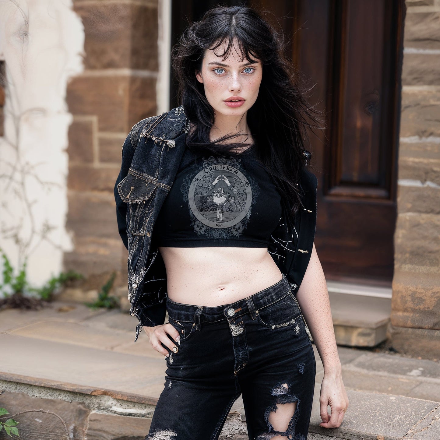 Model wearing Illuminor Crop Top in a gothic setting from Mr. Serial Killer