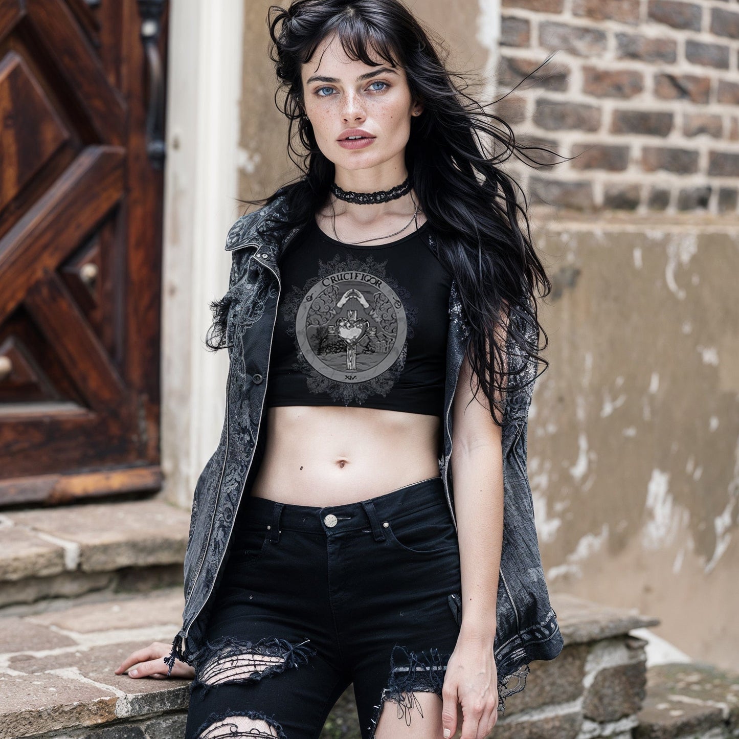 Model wearing Illuminor Crop Top in a gothic setting from Mr. Serial Killer