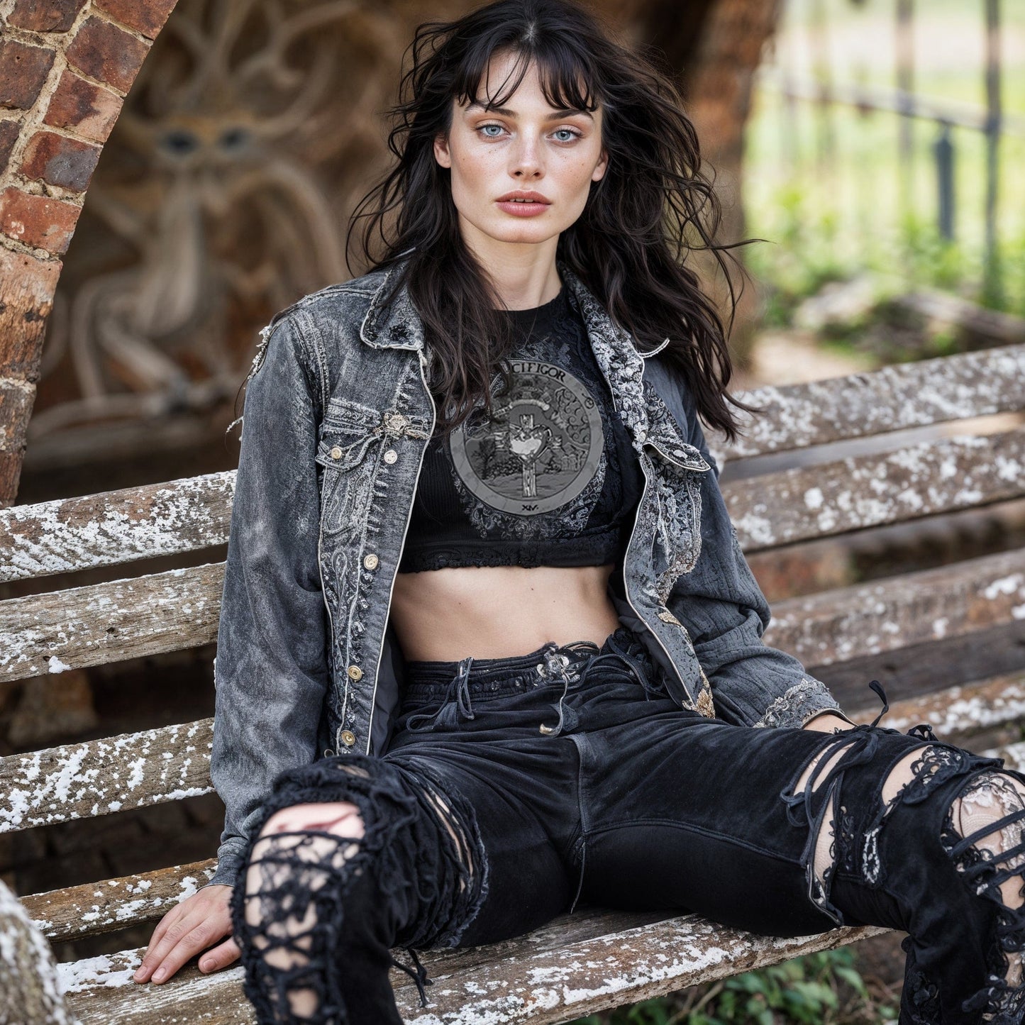 Model wearing Illuminor Crop Top in a gothic setting from Mr. Serial Killer