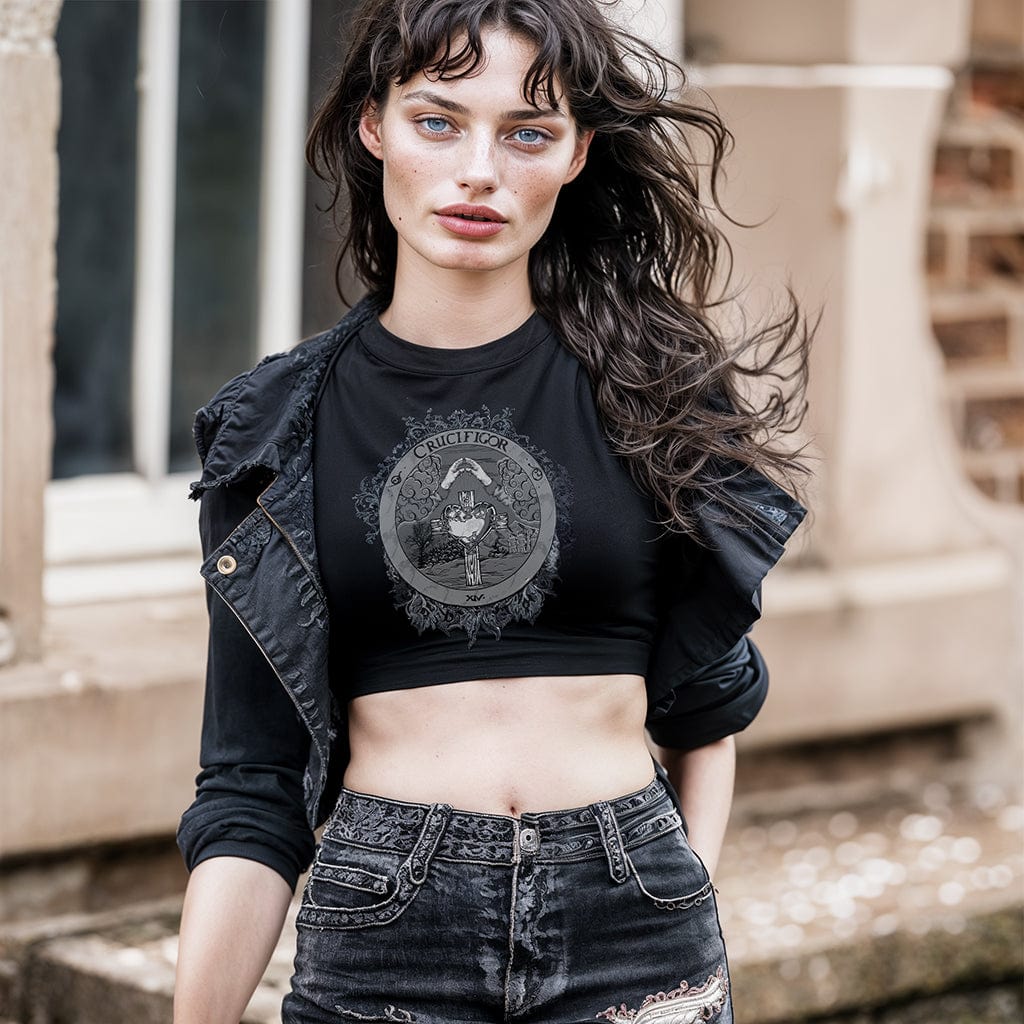 Model wearing Illuminor Crop Top in a gothic setting from Mr. Serial Killer
