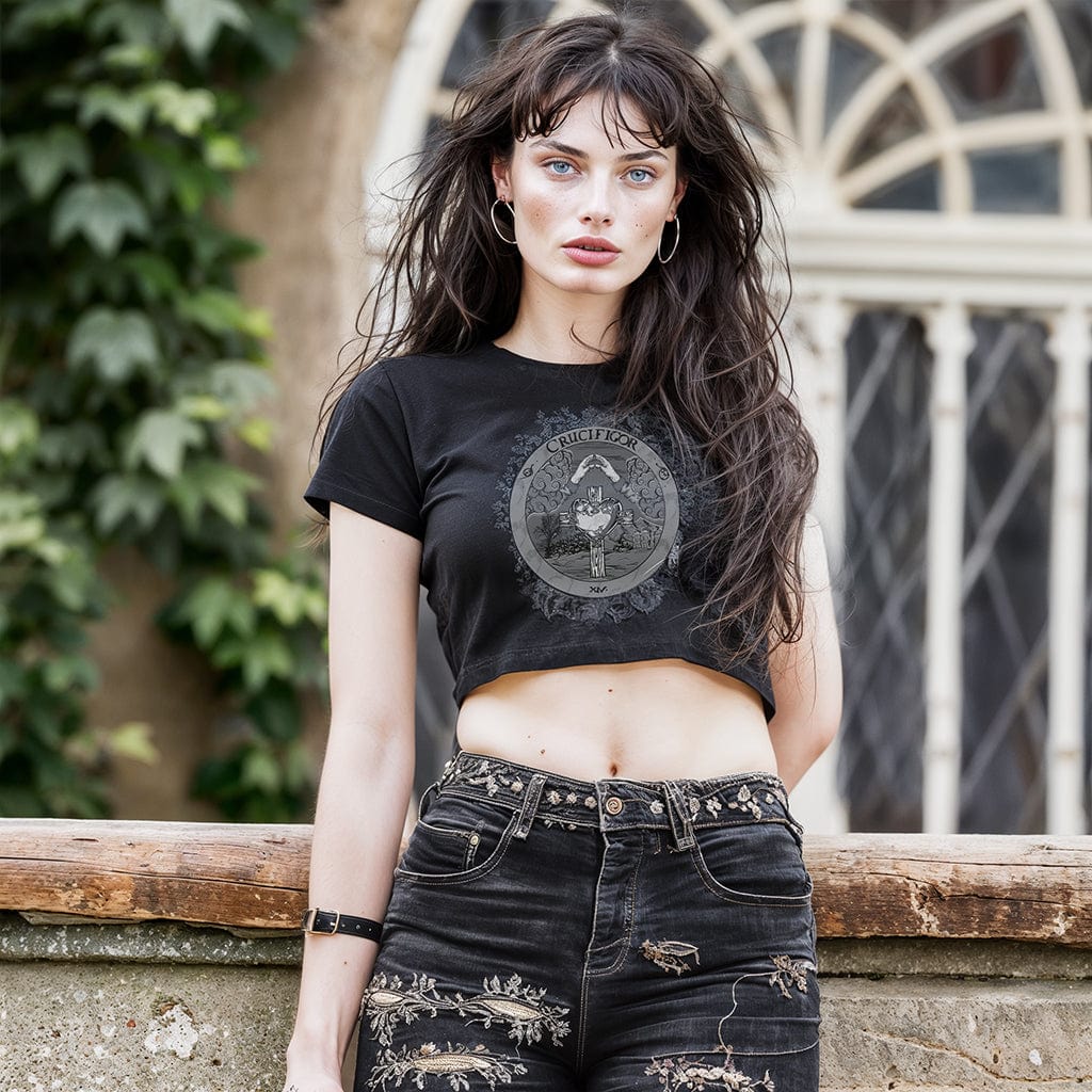 Model wearing Illuminor Crop Top in a gothic setting from Mr. Serial Killer
