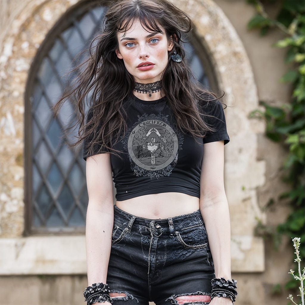 Model wearing Illuminor Crop Top in a gothic setting from Mr. Serial Killer