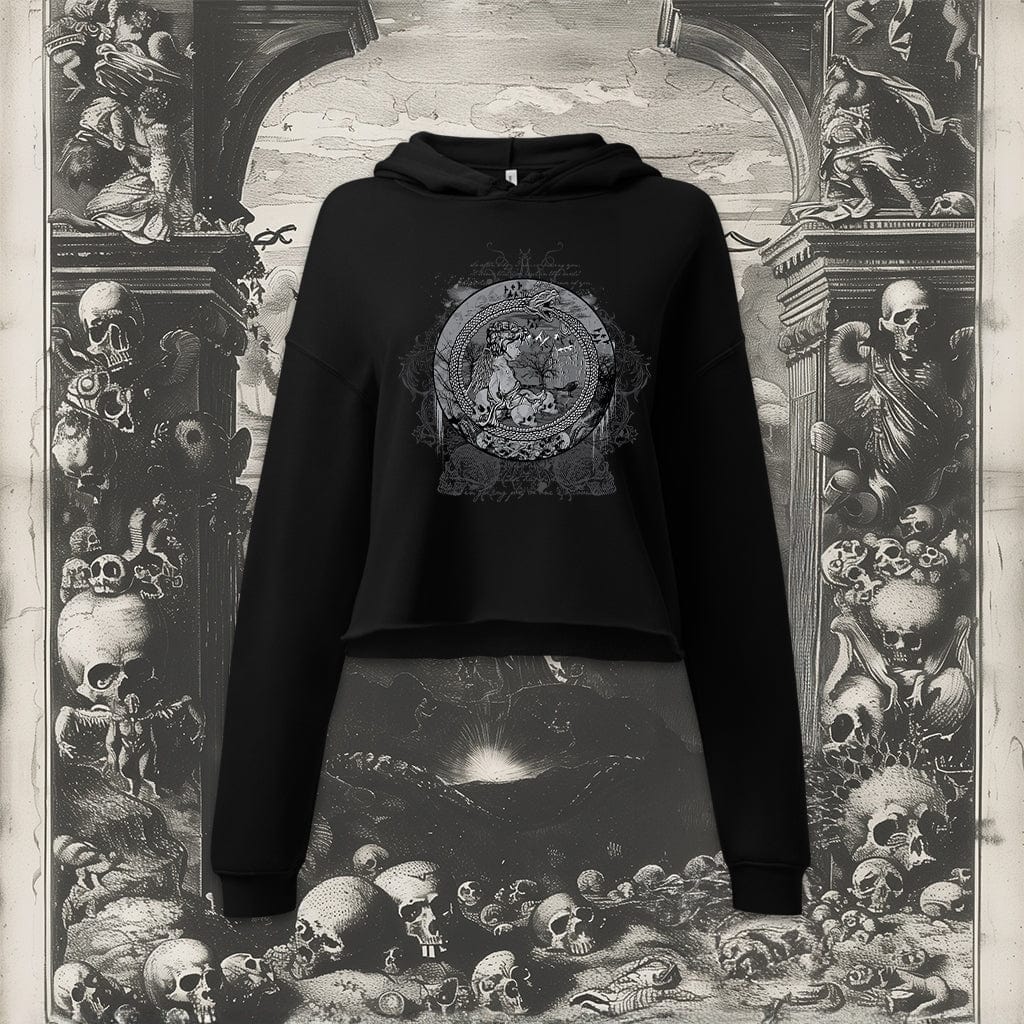 Eternal Echoes Graphic Crop Hoodie featuring Ouroboros and Divine Child design inspired by Daniel Cramer's Emblemata (1624)