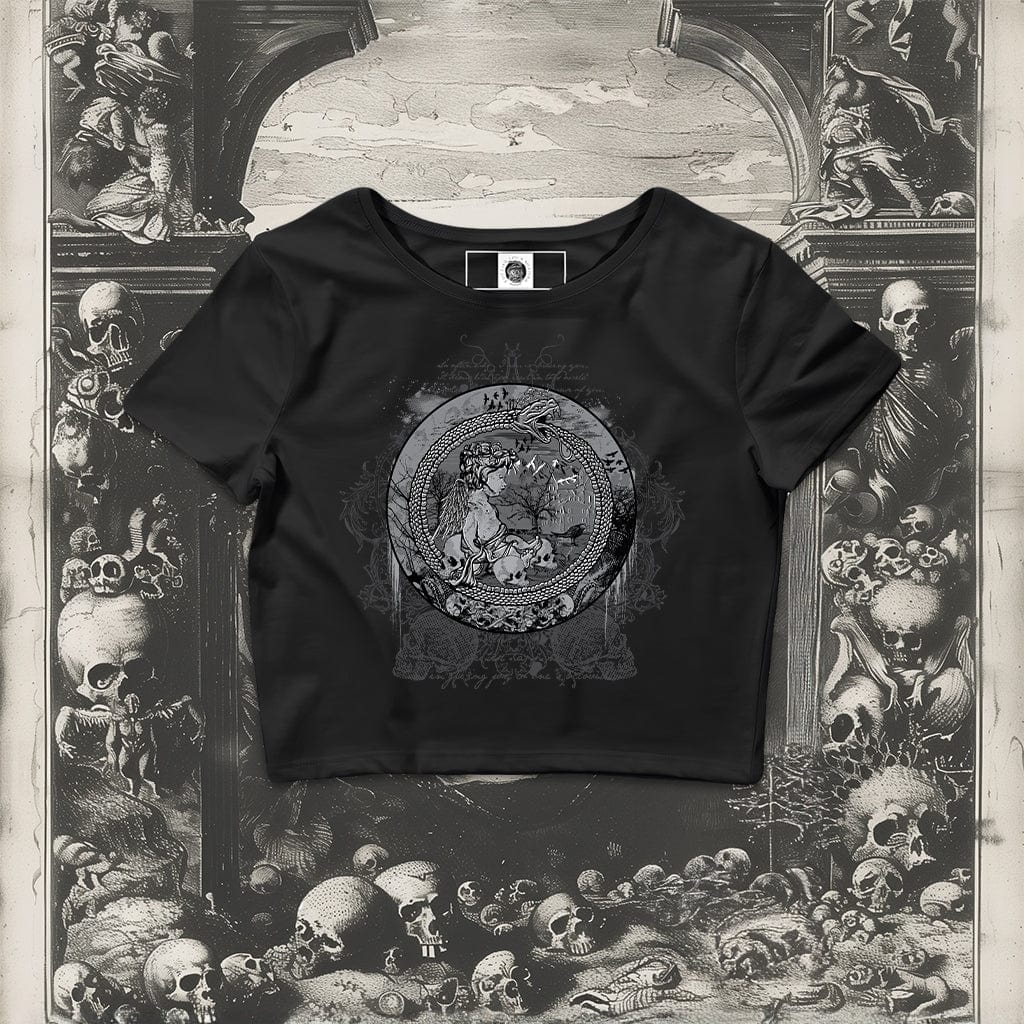 Eternal Echoes Graphic Crop Top featuring Ouroboros and Divine Child design inspired by Daniel Cramer's Emblemata (1624)