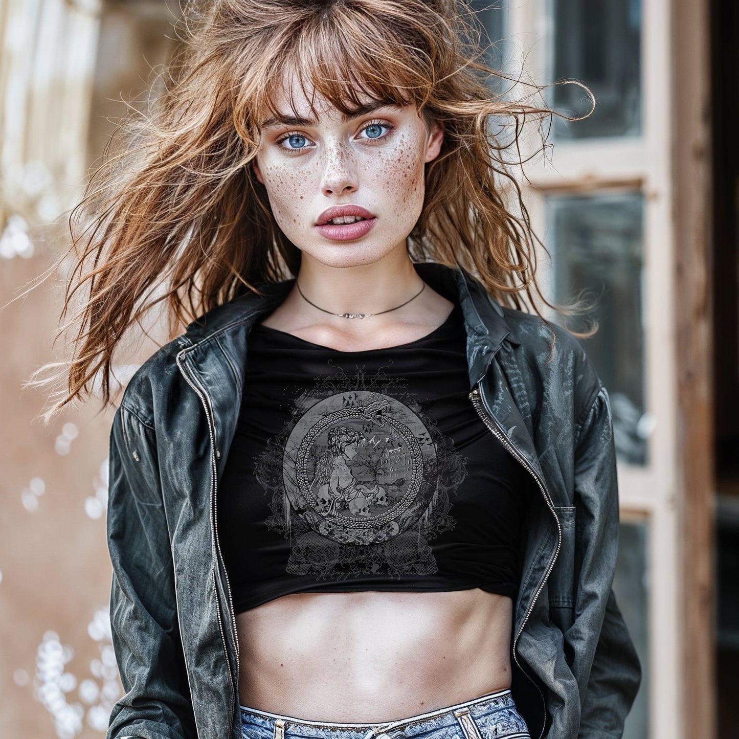 Goth model wearing the Eternal Echoes Graphic Crop Top with Ouroboros and Divine Child design in a Victorian setting.