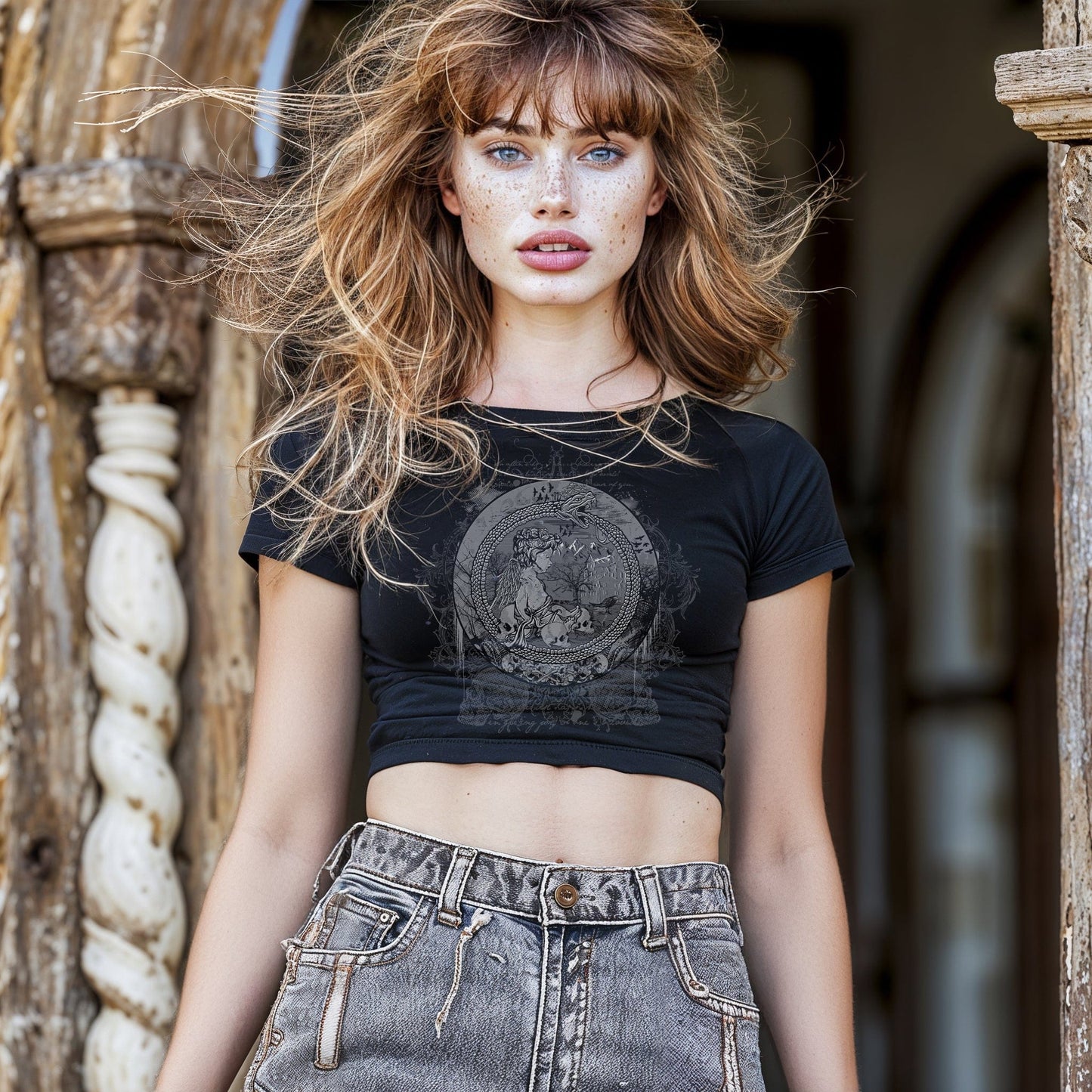 Goth model wearing the Eternal Echoes Graphic Crop Top with Ouroboros and Divine Child design in a Victorian setting.