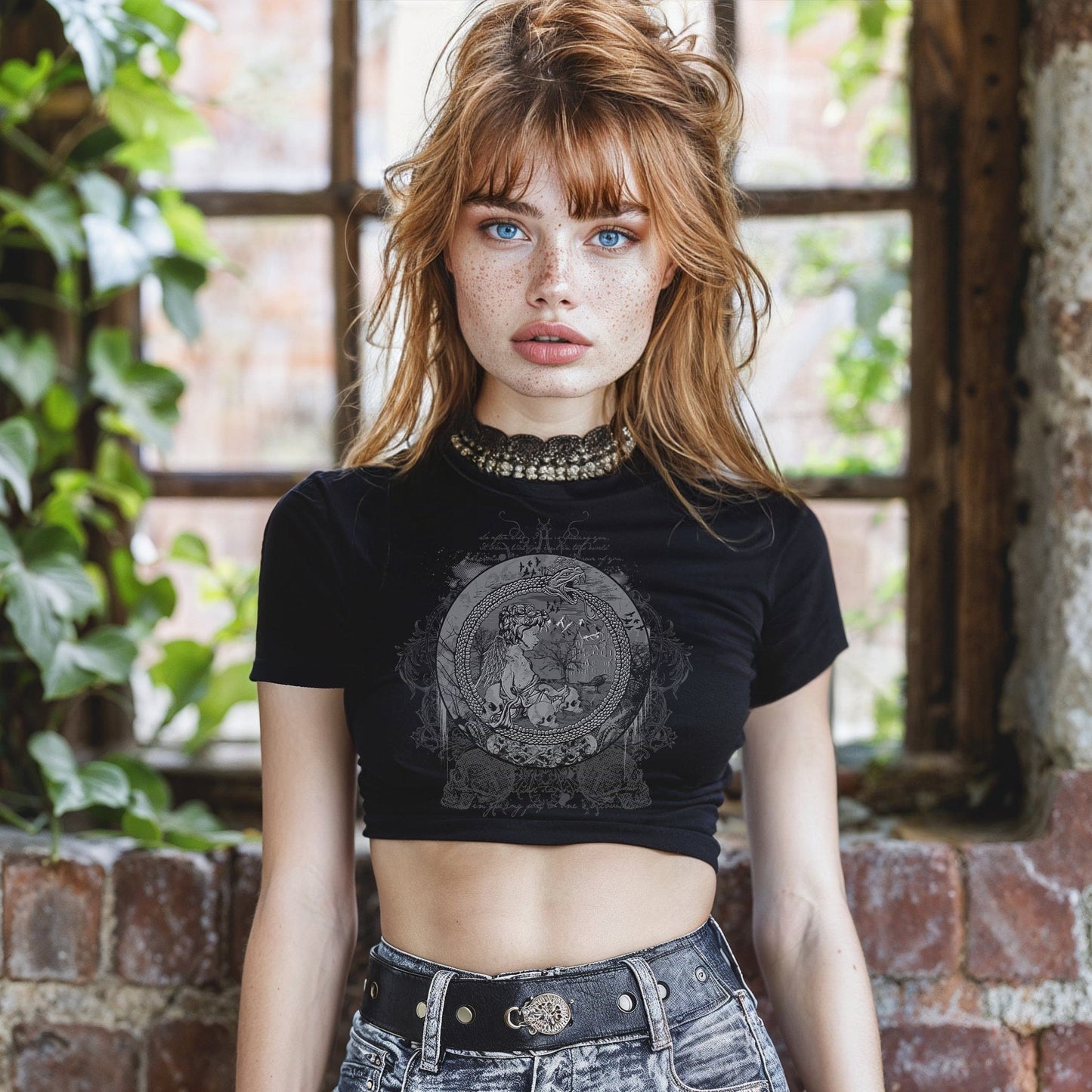 Goth model wearing the Eternal Echoes Graphic Crop Top with Ouroboros and Divine Child design in a Victorian setting.
