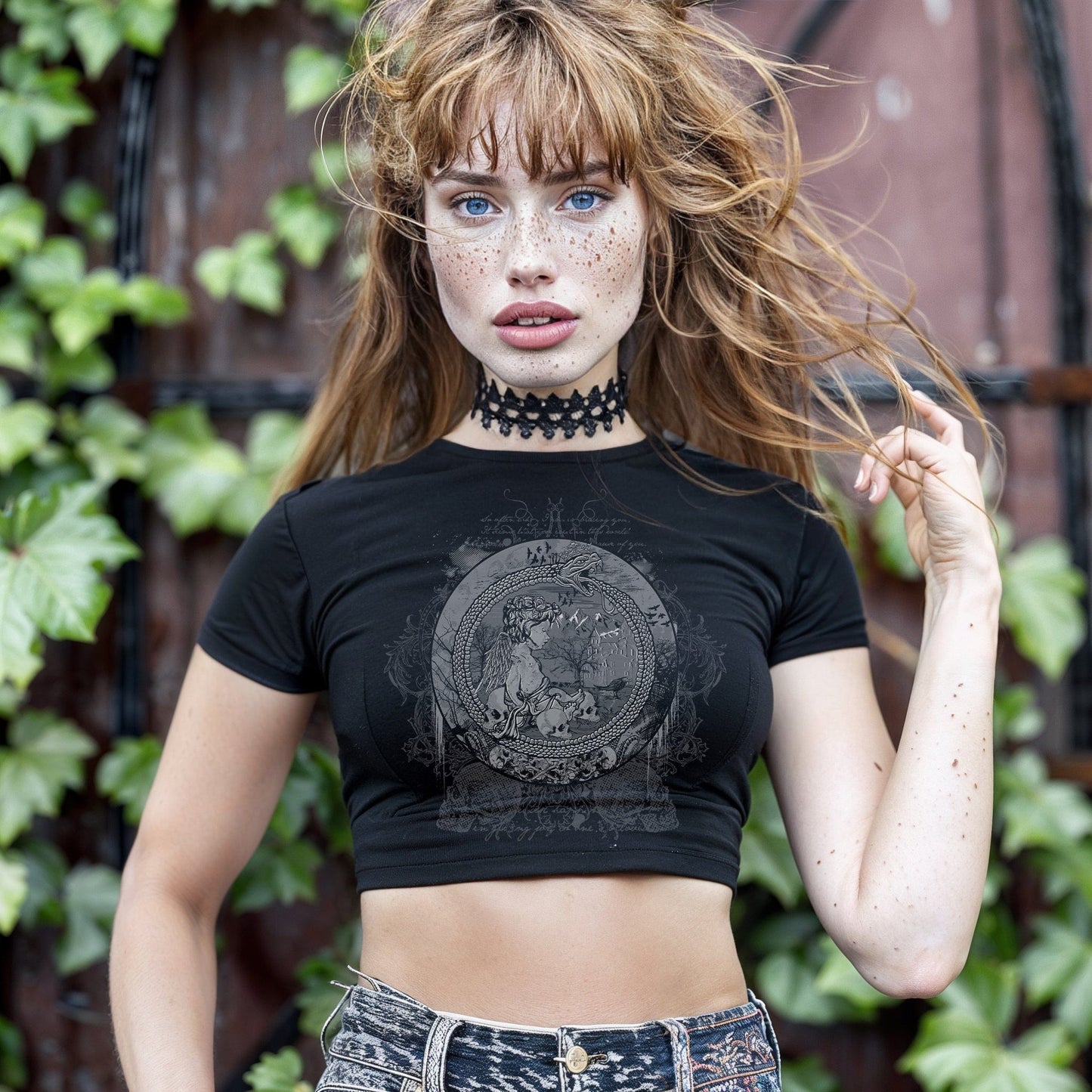 Goth model wearing the Eternal Echoes Graphic Crop Top with Ouroboros and Divine Child design in a Victorian setting.