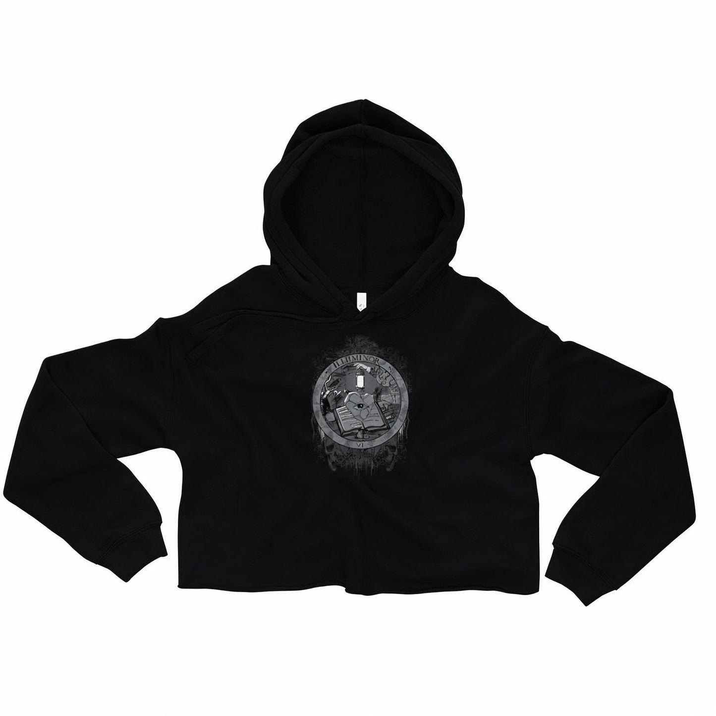 Illuminor Crop Hoodie mockup showcasing unique gothic Rosicrucian design
