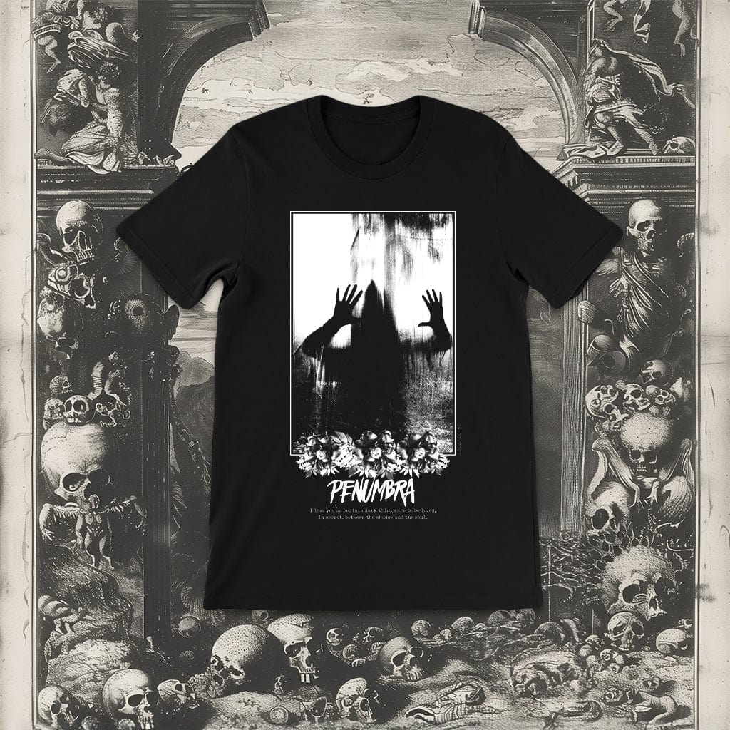 Penumbra Graphic T-Shirt featuring a haunting silhouette design, part of the Dark Macabre Collection.