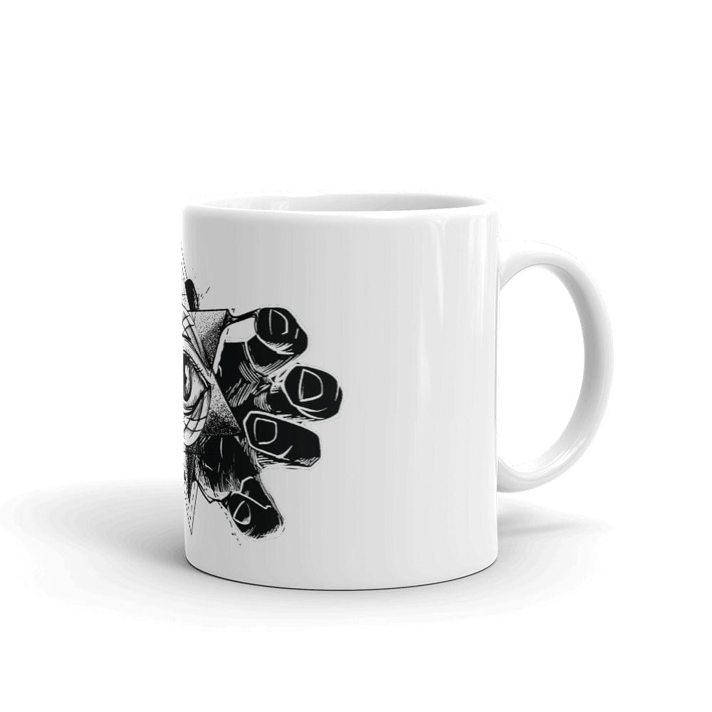 Mockup of the Esoteric Eye Ceramic Coffee Mug featuring a black occult design on a glossy white ceramic mug, available in 11oz and 15oz sizes.