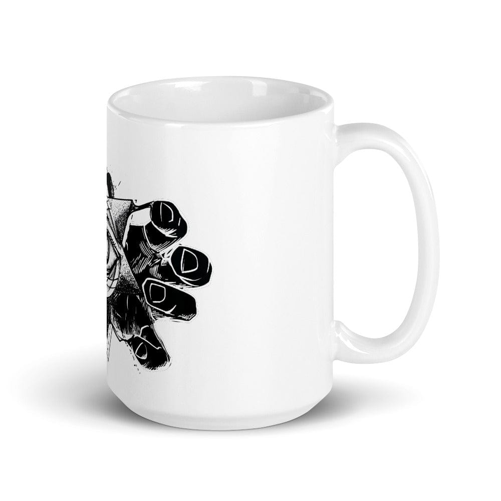 Mockup of the Esoteric Eye Ceramic Coffee Mug featuring a black occult design on a glossy white ceramic mug, available in 11oz and 15oz sizes.