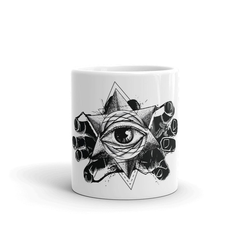 Mockup of the Esoteric Eye Ceramic Coffee Mug featuring a black occult design on a glossy white ceramic mug, available in 11oz and 15oz sizes.