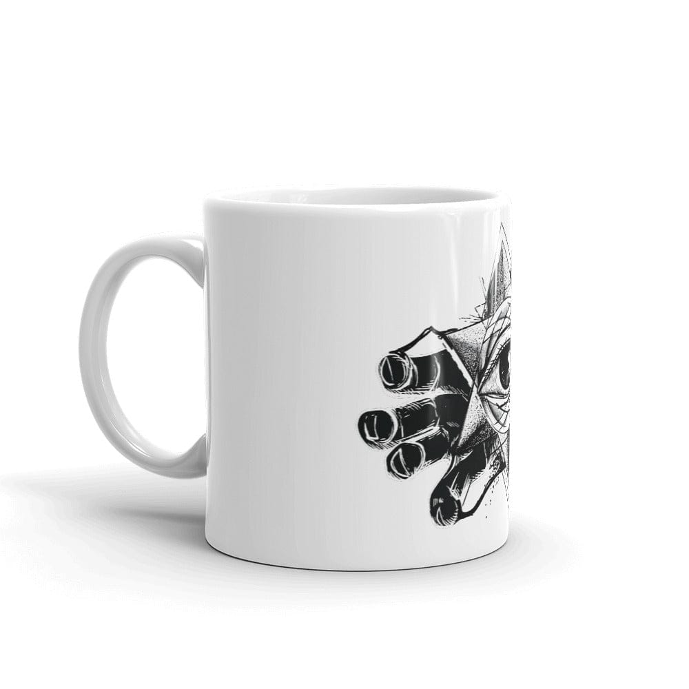 Mockup of the Esoteric Eye Ceramic Coffee Mug featuring a black occult design on a glossy white ceramic mug, available in 11oz and 15oz sizes.