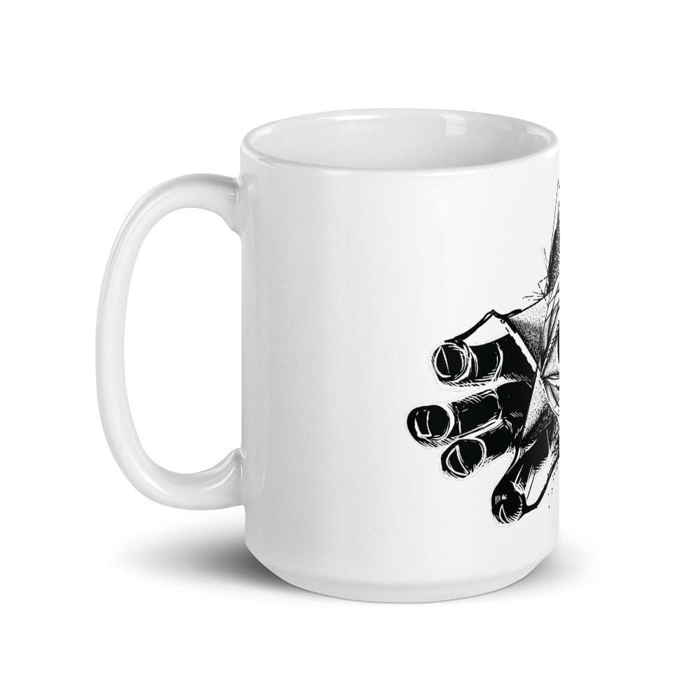 Mockup of the Esoteric Eye Ceramic Coffee Mug featuring a black occult design on a glossy white ceramic mug, available in 11oz and 15oz sizes.