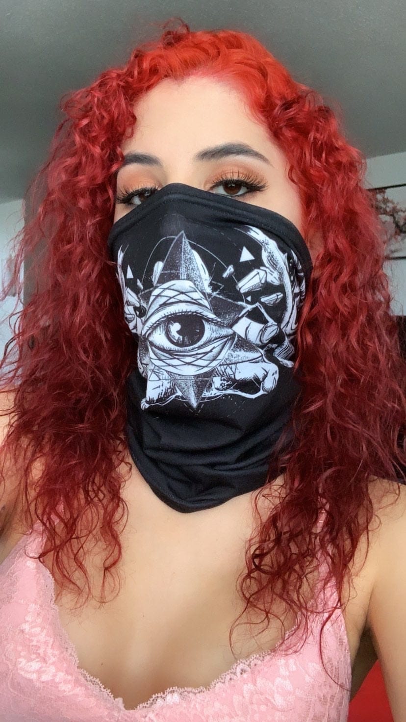 Model wearing Esoteric Eye Facemask in her living room.