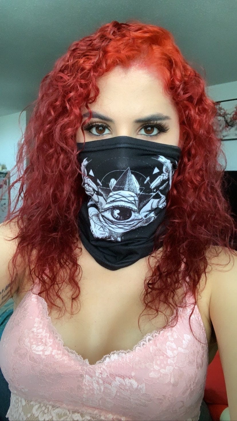 Model wearing Esoteric Eye Facemask in her living room.