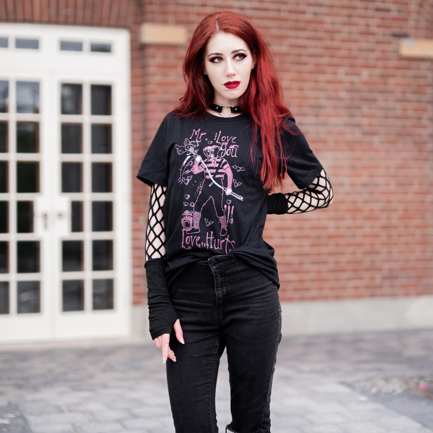 Gothic model wearing the Mr. I Love You Dark Lover Graphic T-Shirt in a Victorian setting, capturing dark romantic fashion