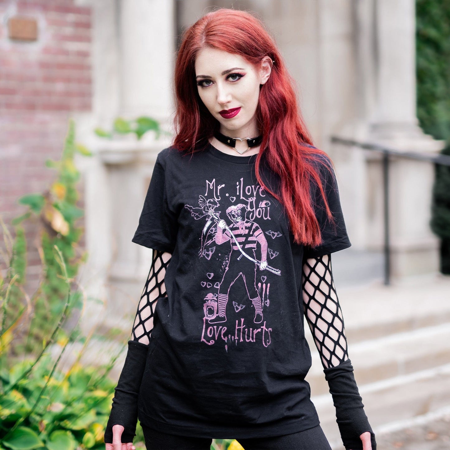 Gothic model wearing the Mr. I Love You Dark Lover Graphic T-Shirt in a Victorian setting, capturing dark romantic fashion