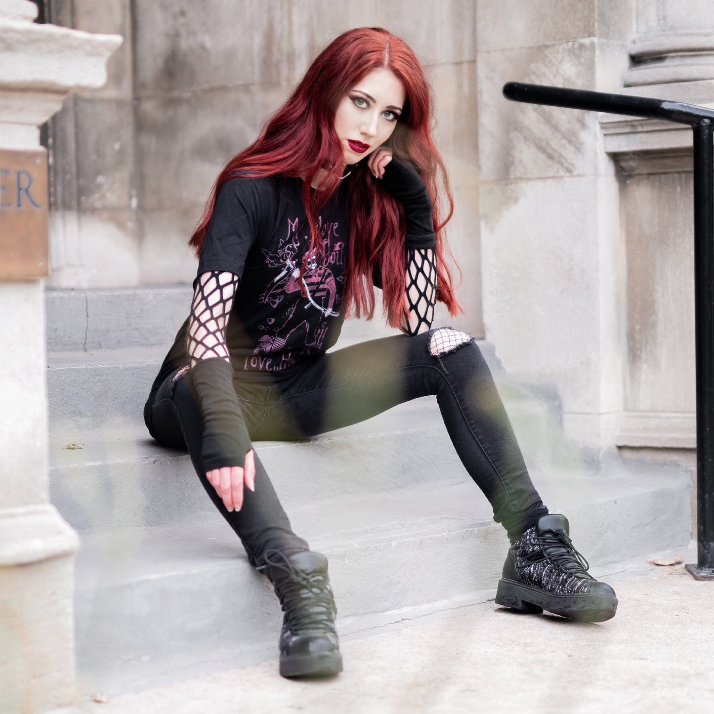 Gothic model wearing the Mr. I Love You Dark Lover Graphic T-Shirt in a Victorian setting, capturing dark romantic fashion