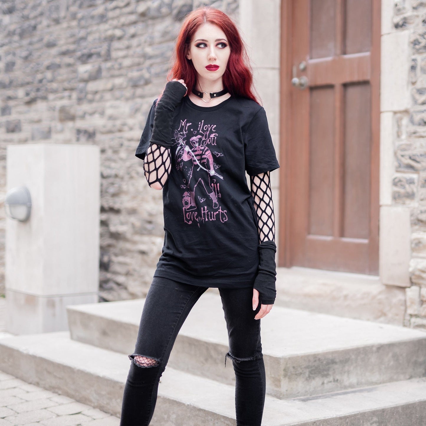 Gothic model wearing the Mr. I Love You Dark Lover Graphic T-Shirt in a Victorian setting, capturing dark romantic fashion