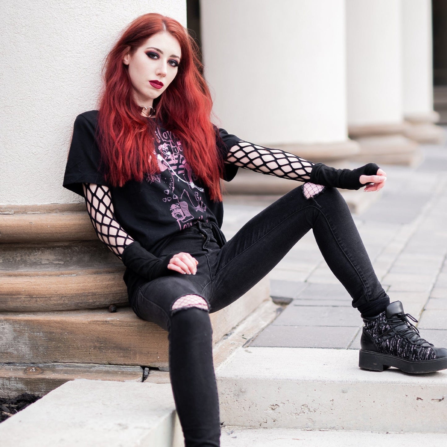 Gothic model wearing the Mr. I Love You Dark Lover Graphic T-Shirt in a Victorian setting, capturing dark romantic fashion