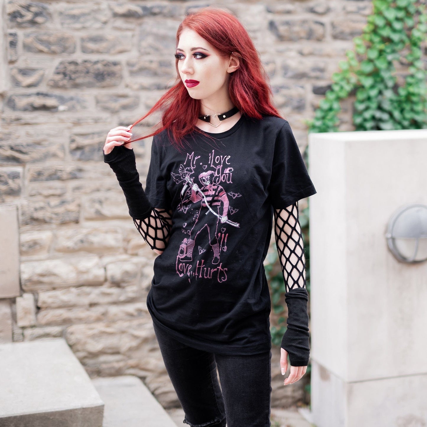 Gothic model wearing the Mr. I Love You Dark Lover Graphic T-Shirt in a Victorian setting, capturing dark romantic fashion