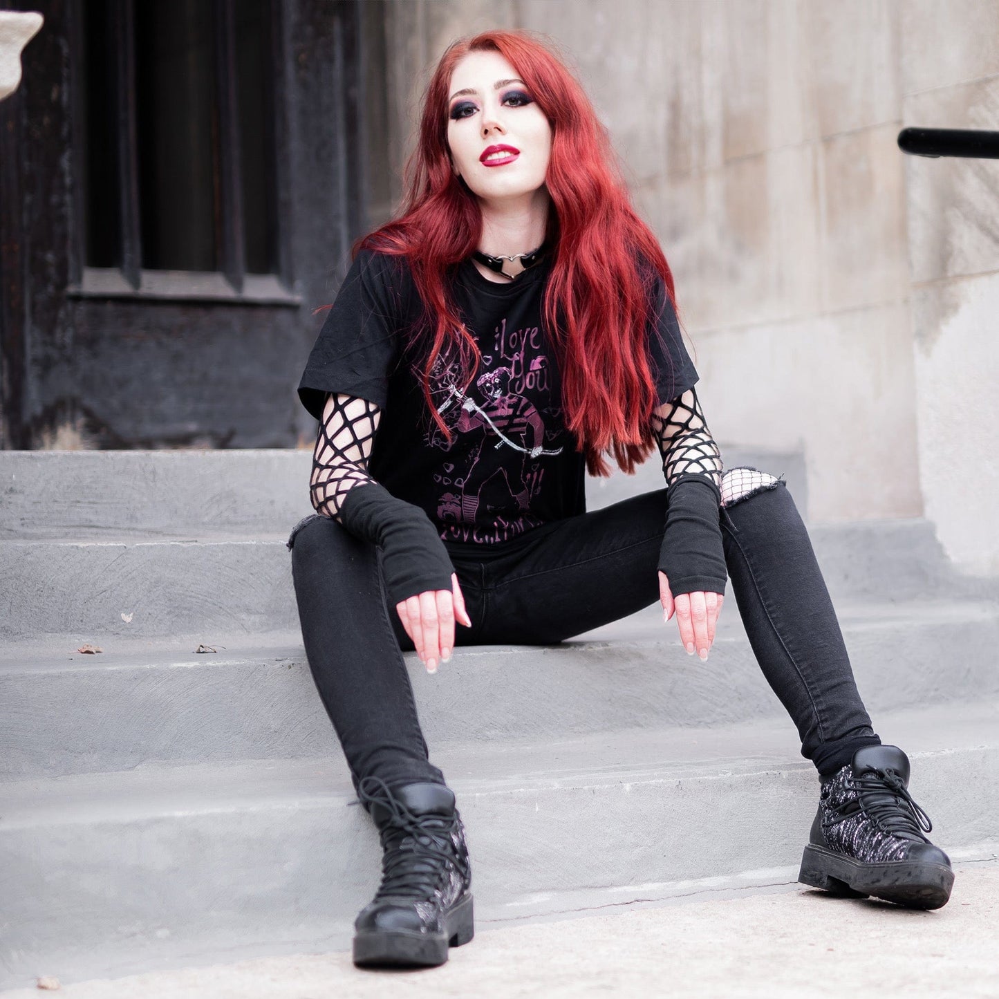 Gothic model wearing the Mr. I Love You Dark Lover Graphic T-Shirt in a Victorian setting, capturing dark romantic fashion
