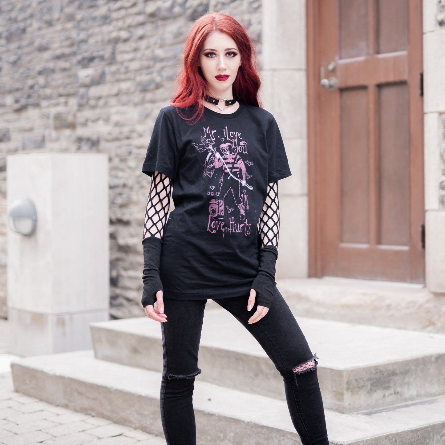 Gothic model wearing the Mr. I Love You Dark Lover Graphic T-Shirt in a Victorian setting, capturing dark romantic fashion