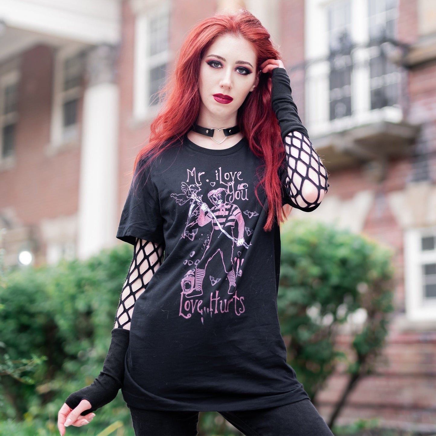 Gothic model wearing the Mr. I Love You Dark Lover Graphic T-Shirt in a Victorian setting, capturing dark romantic fashion