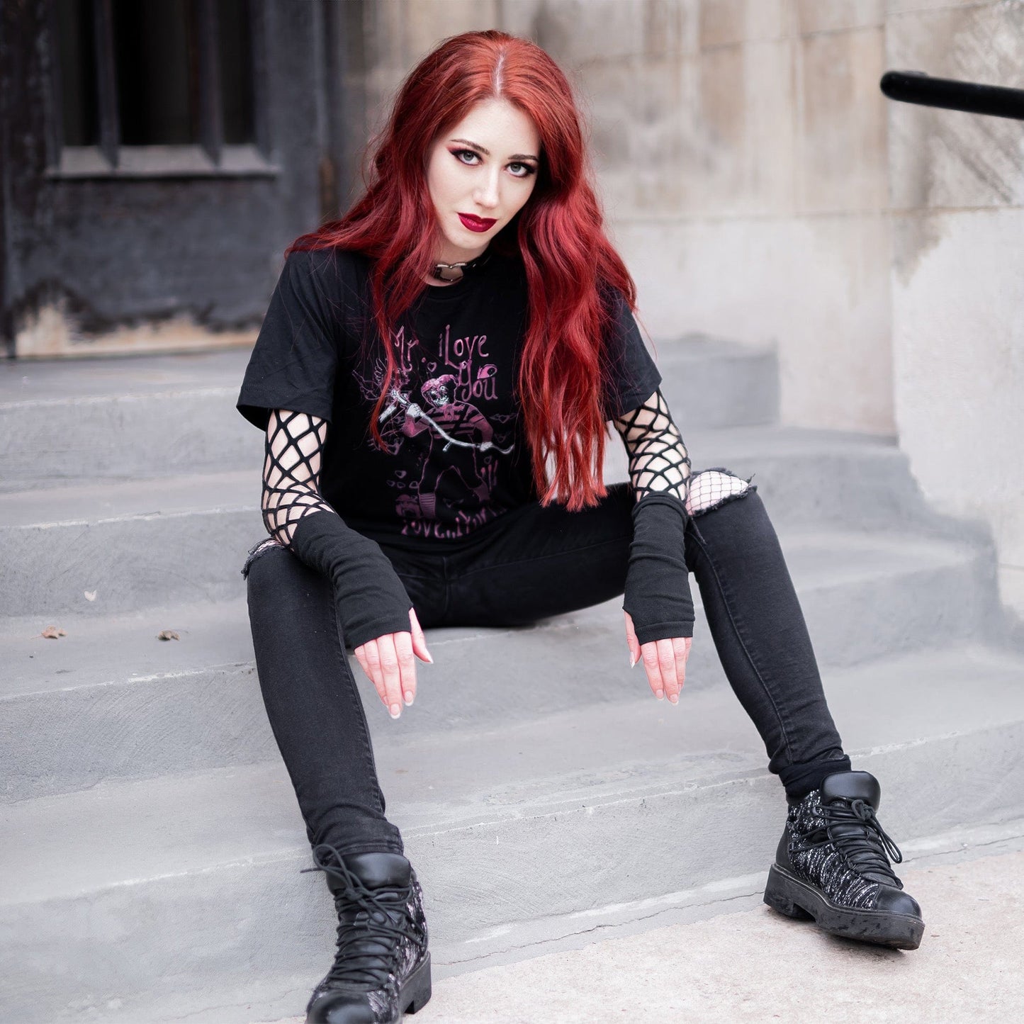 Gothic model wearing the Mr. I Love You Dark Lover Graphic T-Shirt in a Victorian setting, capturing dark romantic fashion