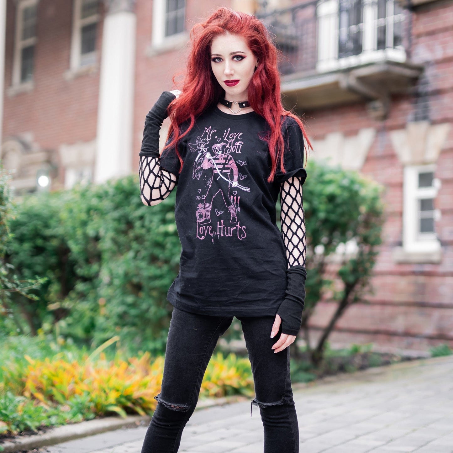 Gothic model wearing the Mr. I Love You Dark Lover Graphic T-Shirt in a Victorian setting, capturing dark romantic fashion