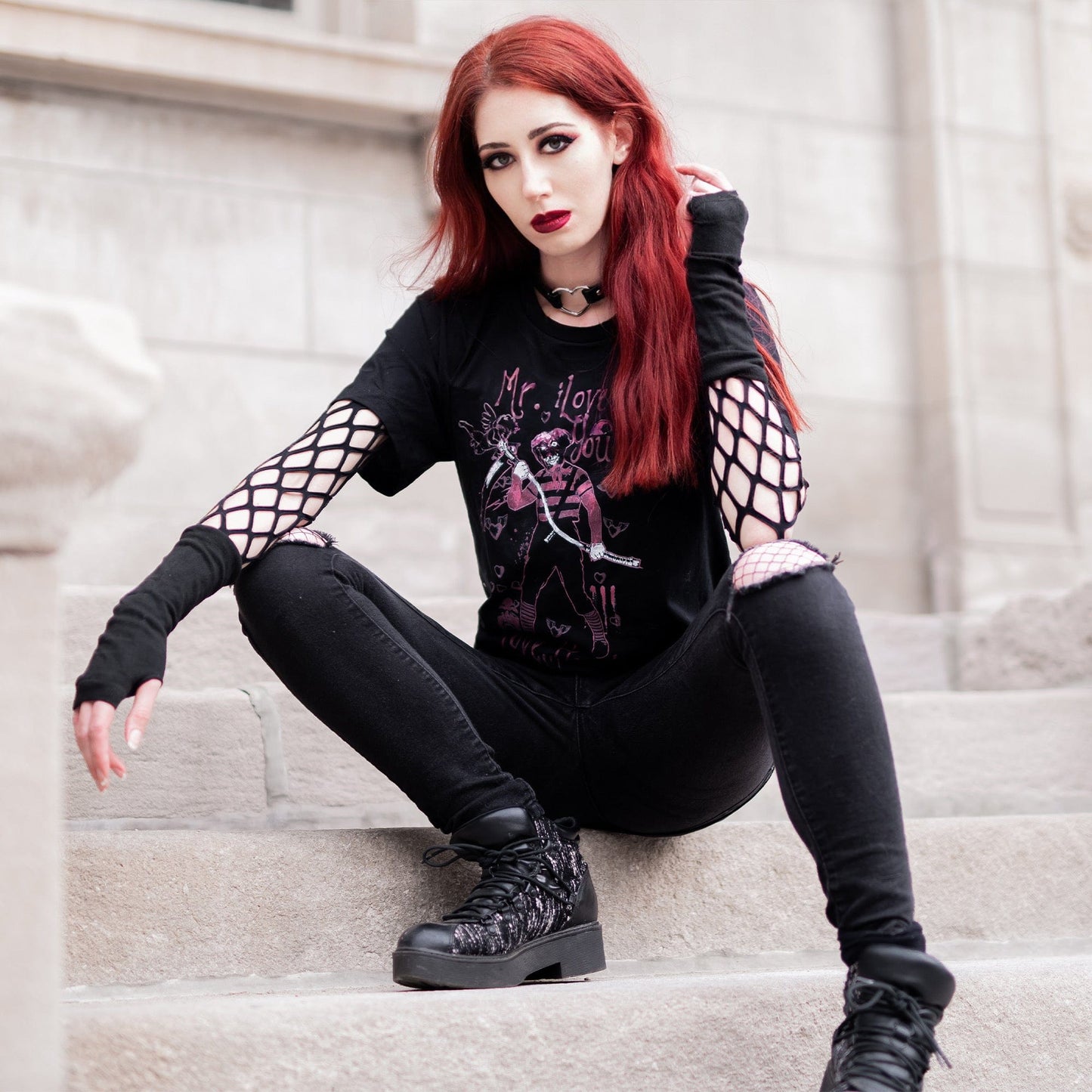 Gothic model wearing the Mr. I Love You Dark Lover Graphic T-Shirt in a Victorian setting, capturing dark romantic fashion