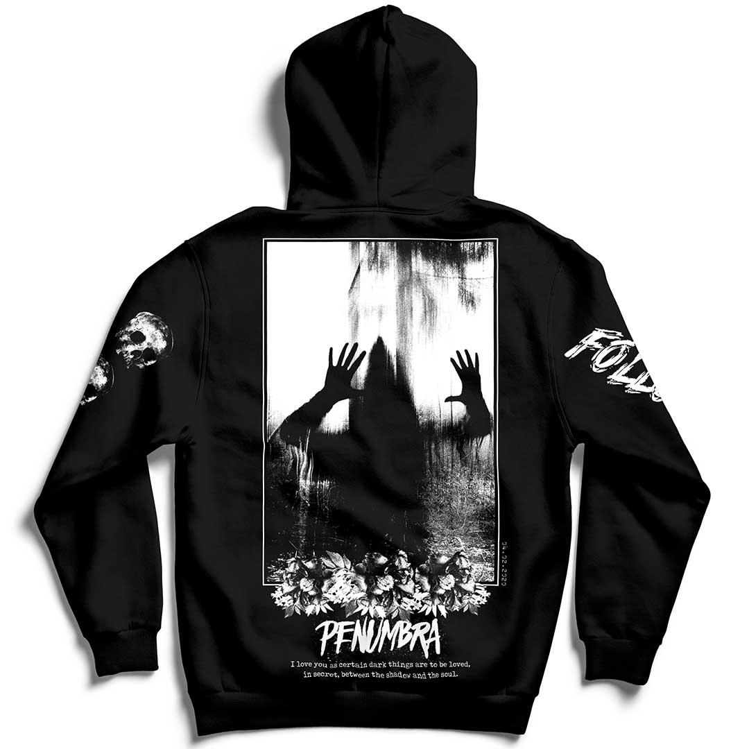 Penumbra Black Hoodie featuring a haunting silhouette design, part of the Dark Macabre Collection.