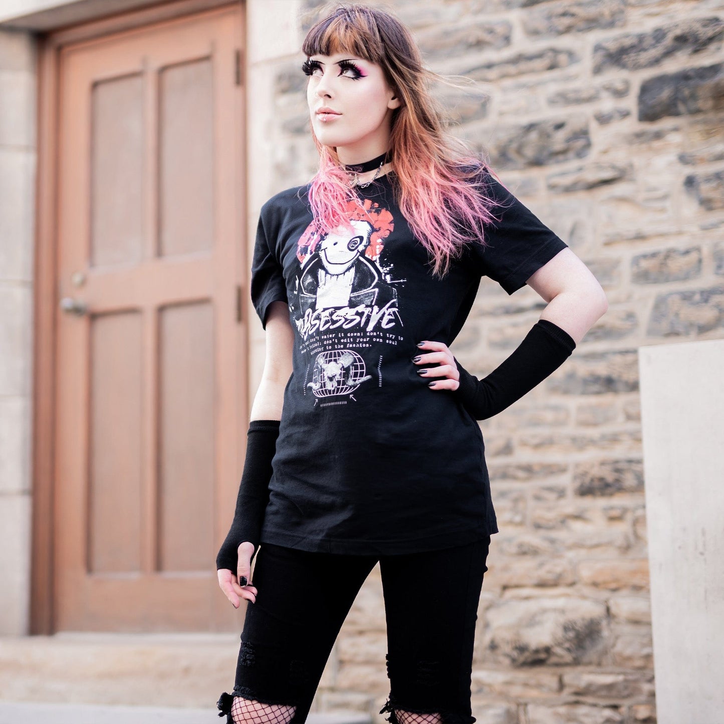 Gothic model wearing the Shadow of the Dark Mage T-Shirt in a Victorian setting, embodying horror and esoteric aesthetics.