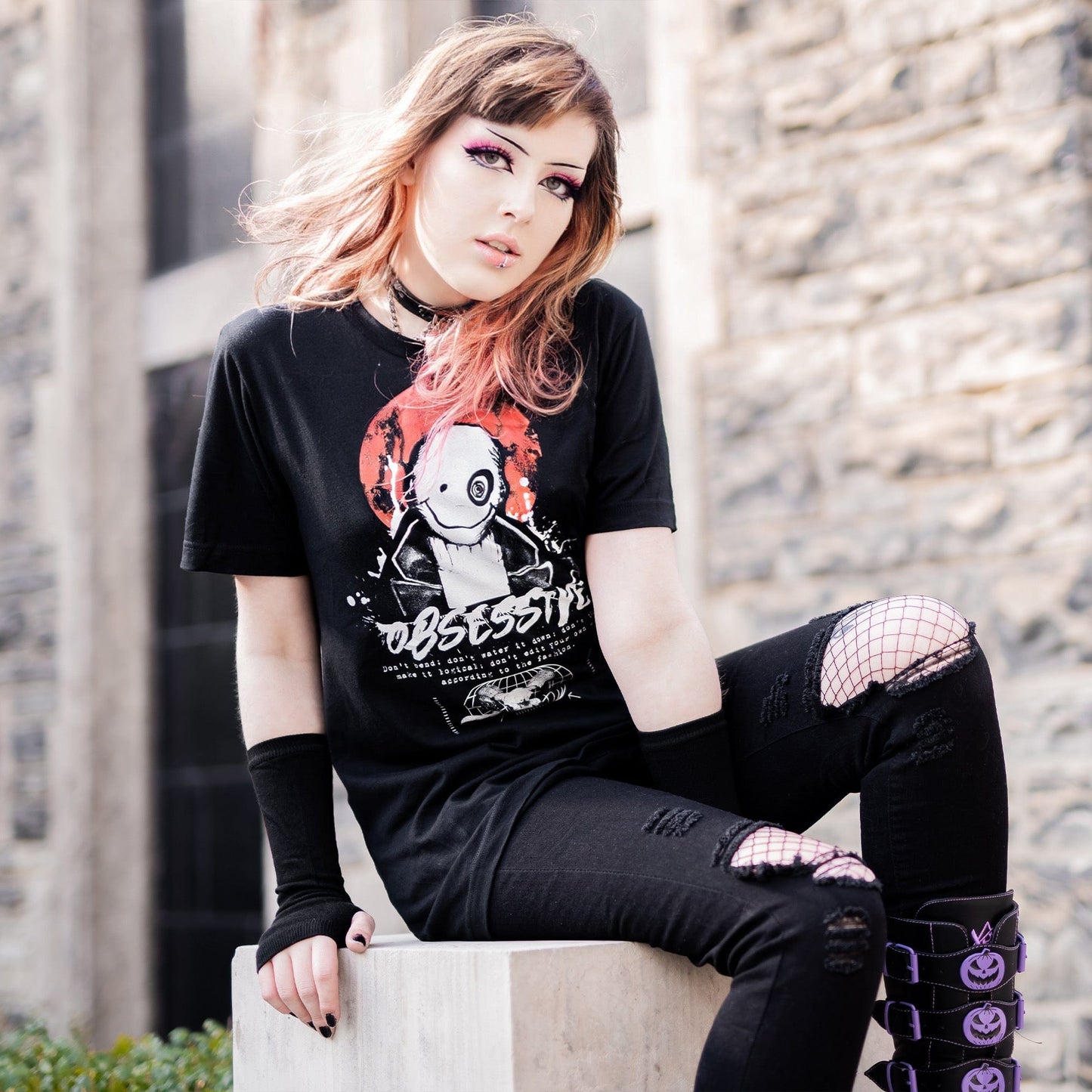 Gothic model wearing the Shadow of the Dark Mage T-Shirt in a Victorian setting, embodying horror and esoteric aesthetics.