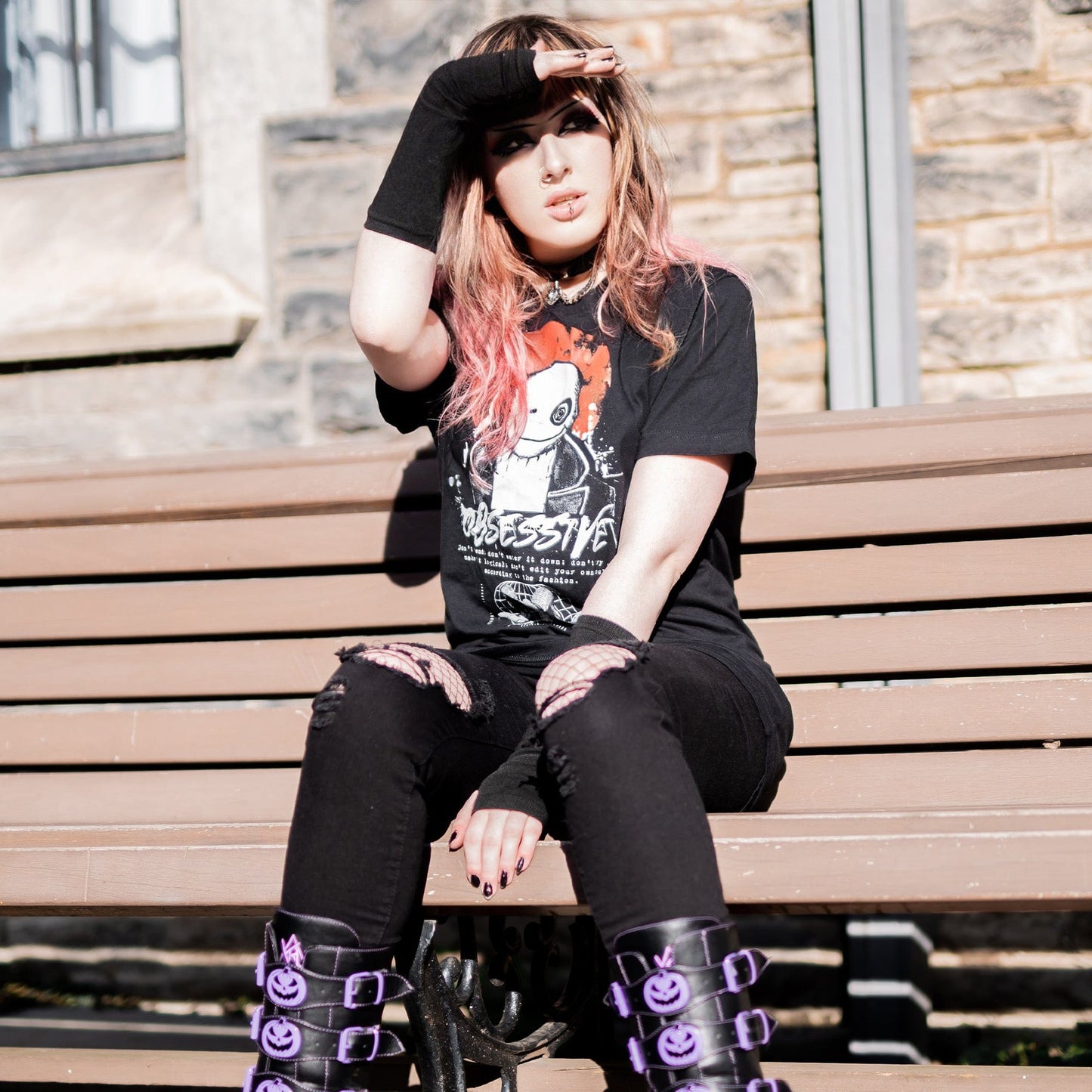 Gothic model wearing the Shadow of the Dark Mage T-Shirt in a Victorian setting, embodying horror and esoteric aesthetics.