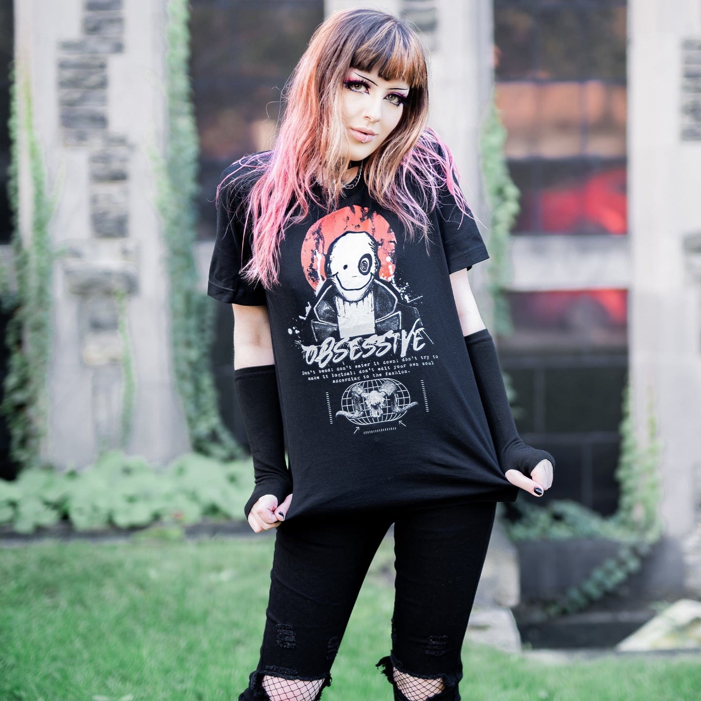 Gothic model wearing the Shadow of the Dark Mage T-Shirt in a Victorian setting, embodying horror and esoteric aesthetics.