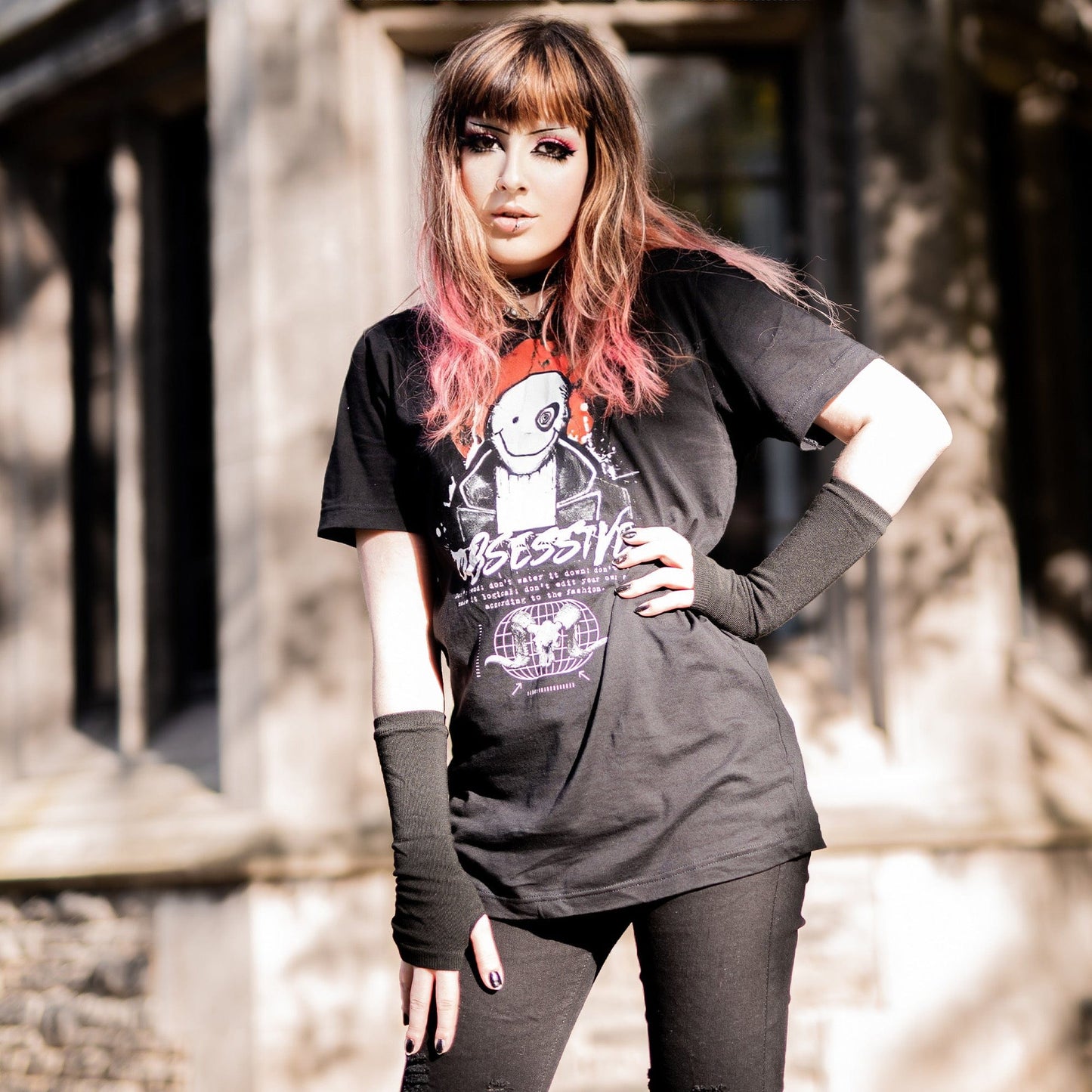 Gothic model wearing the Shadow of the Dark Mage T-Shirt in a Victorian setting, embodying horror and esoteric aesthetics.