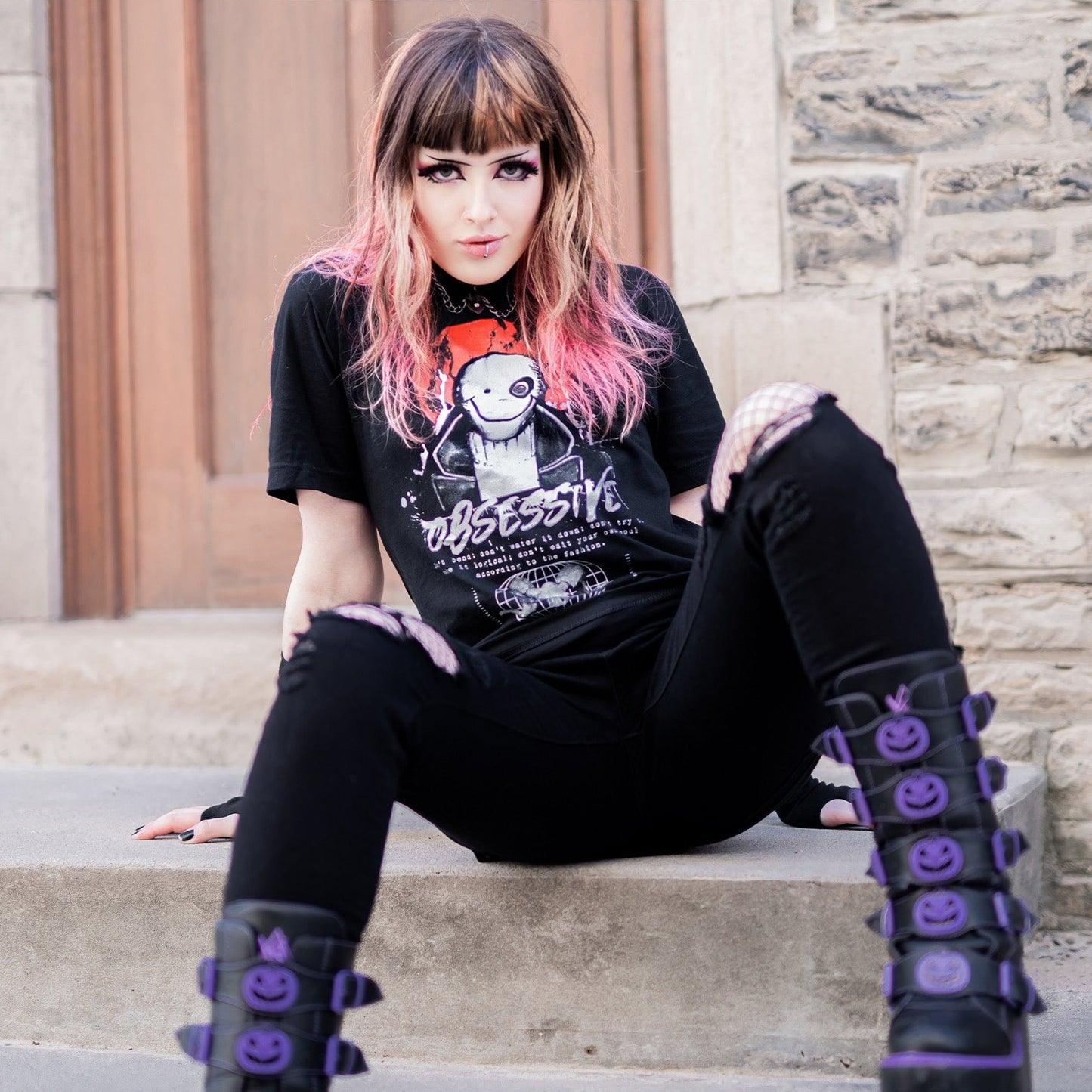 Gothic model wearing the Shadow of the Dark Mage T-Shirt in a Victorian setting, embodying horror and esoteric aesthetics.
