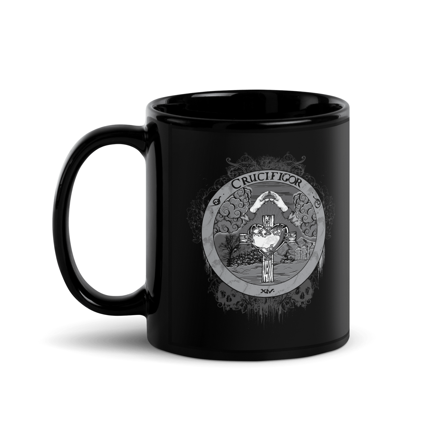 Crucifigor Black Mug | Alchemy & Rosicrucian Symbols | Gothic & Occult Aesthetic