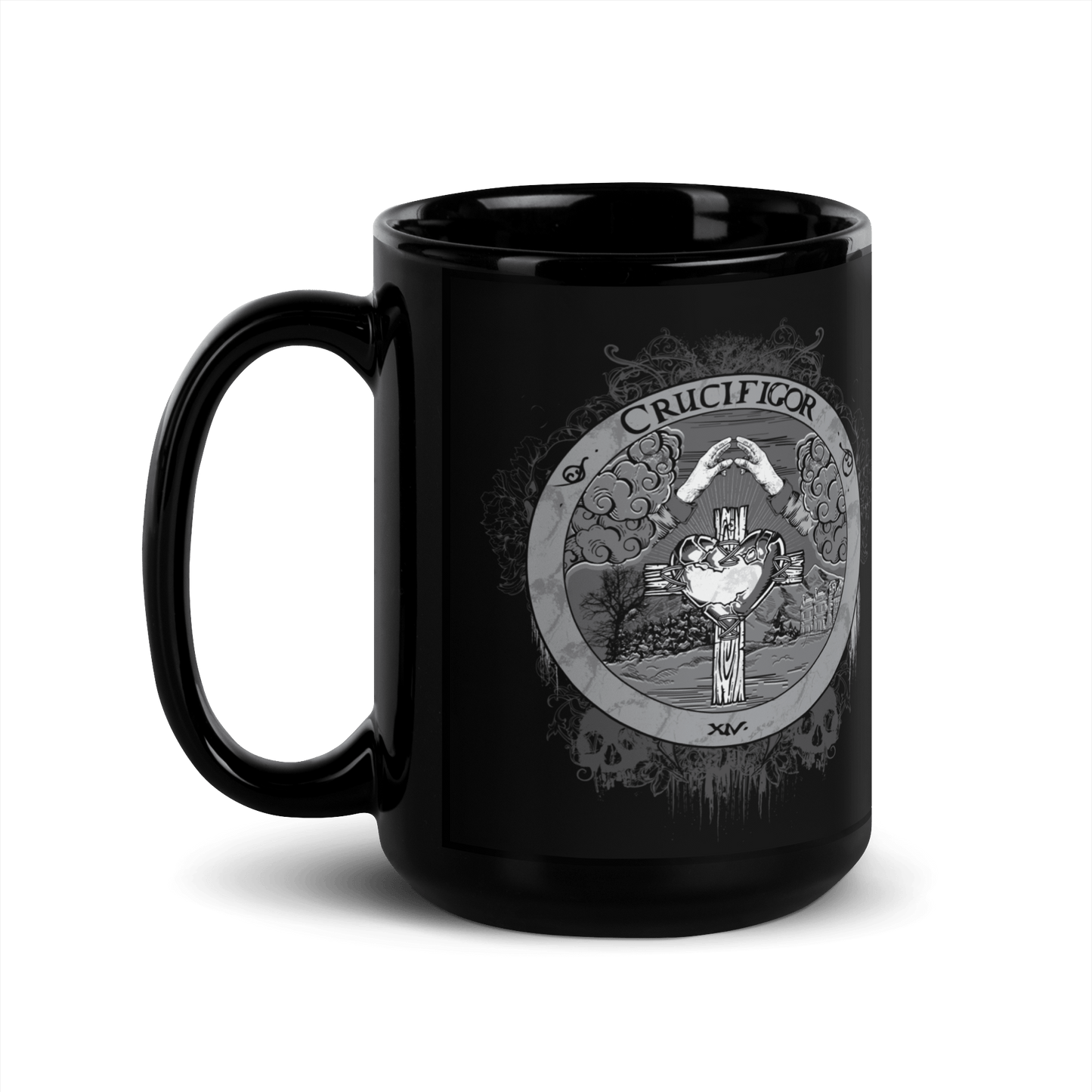 Crucifigor Black Mug | Alchemy & Rosicrucian Symbols | Gothic & Occult Aesthetic