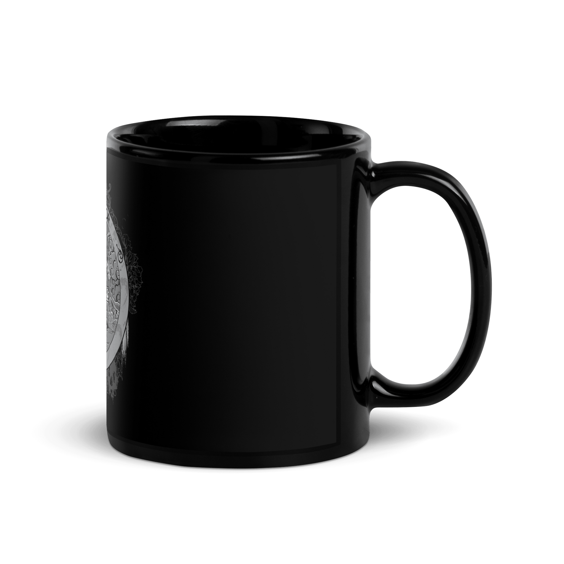 Black mug featuring the Crucifigor design with Rosicrucian and alchemy symbols, perfect for modern witches, mystics, and esotericists.