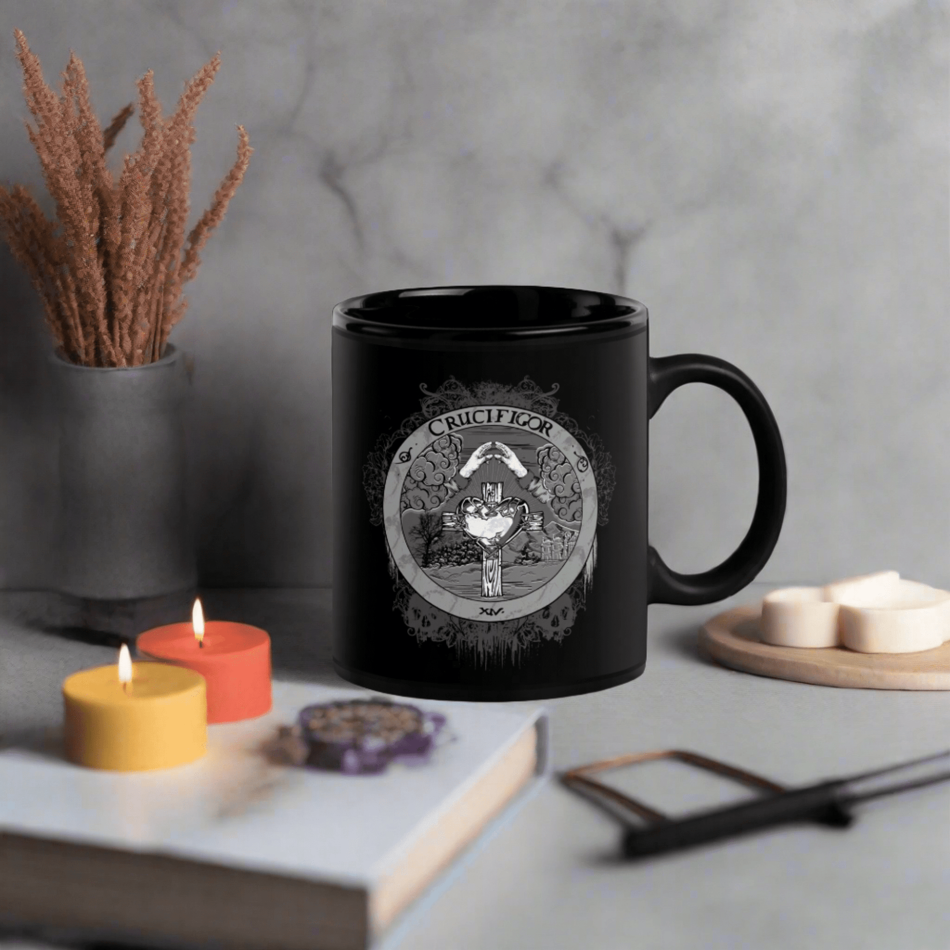 Black mug featuring the Crucifigor design with Rosicrucian and alchemy symbols, perfect for modern witches, mystics, and esotericists.