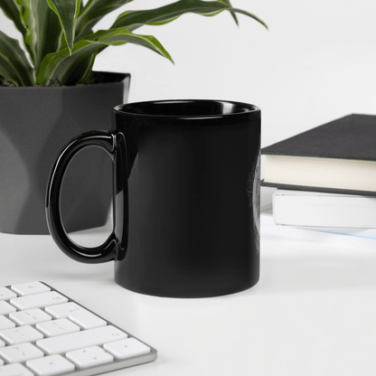 Black mug featuring the Crucifigor design with Rosicrucian and alchemy symbols, perfect for modern witches, mystics, and esotericists.