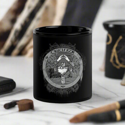 Black mug featuring the Crucifigor design with Rosicrucian and alchemy symbols, perfect for modern witches, mystics, and esotericists.