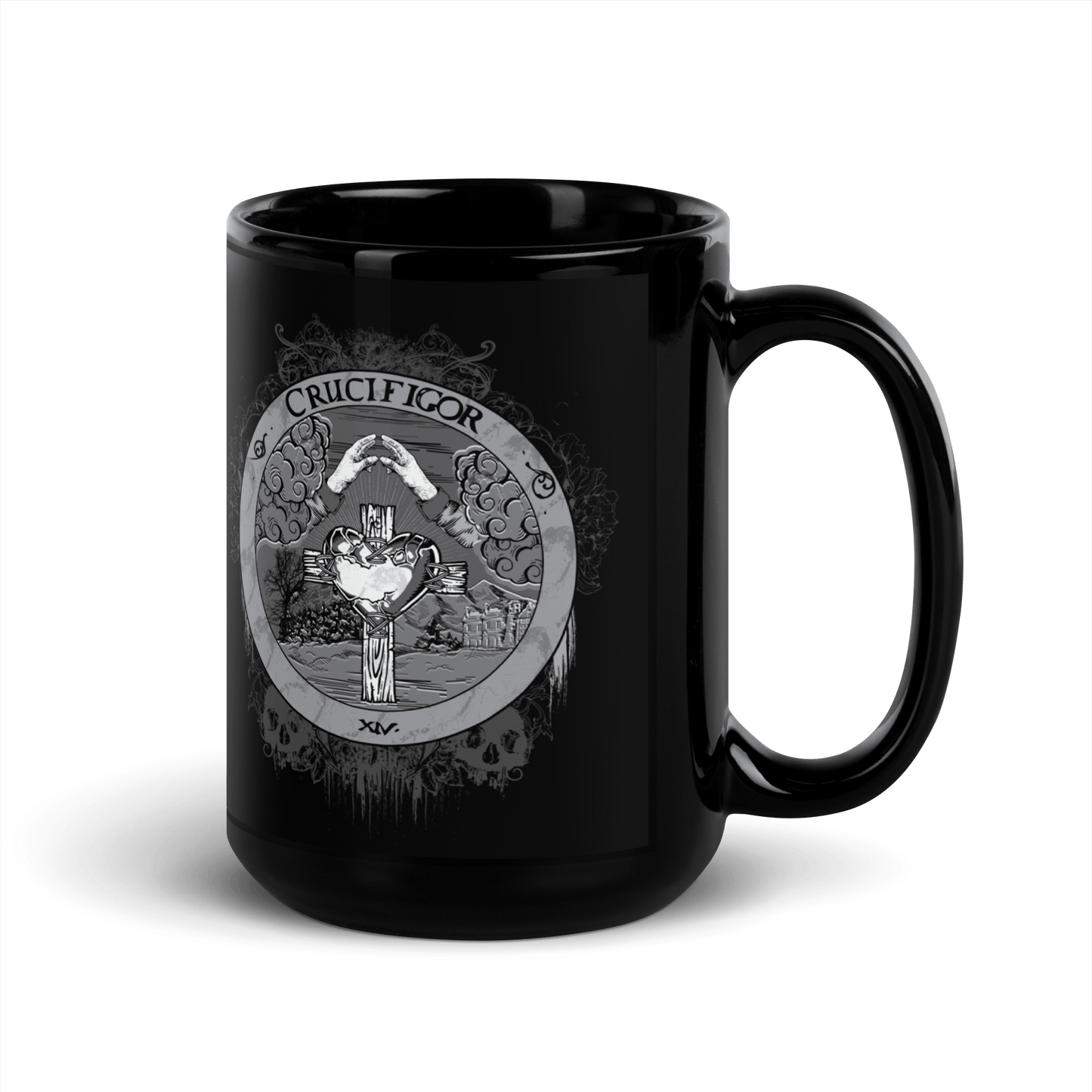 Crucifigor Black Mug | Alchemy & Rosicrucian Symbols | Gothic & Occult Aesthetic