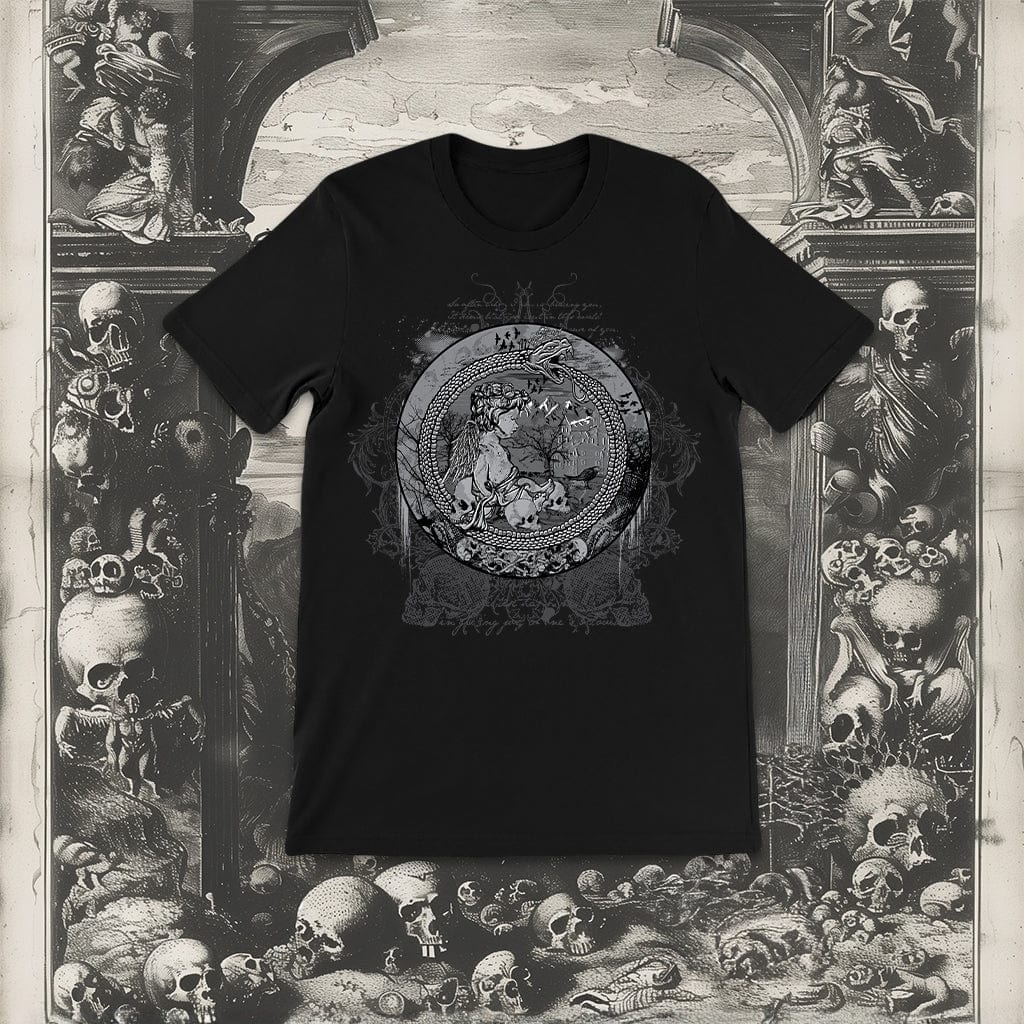 Eternal Echoes Graphic T-Shirt featuring Ouroboros and Divine Child design inspired by Daniel Cramer's Emblemata (1624)